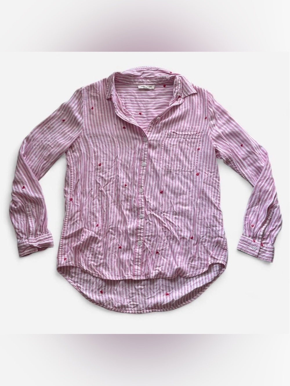 beachlunchlounge Pink Striped Button-Down Shirt with Tiny Red Hearts